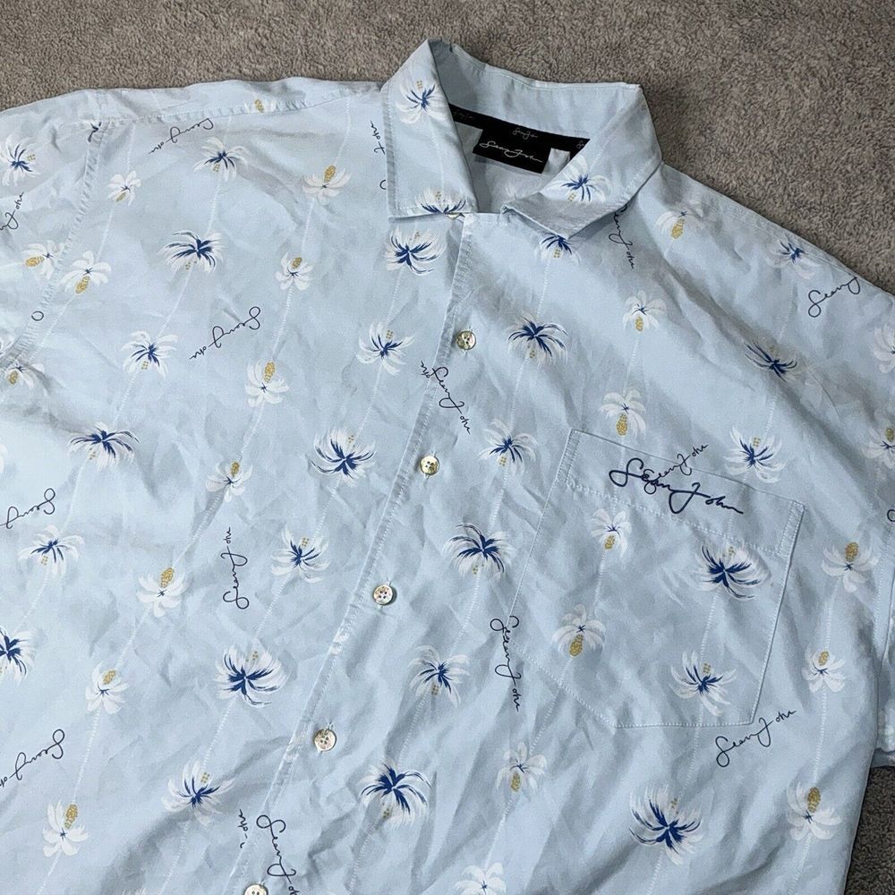 Vintage Y2K Sean John Palm Tree Tropical Hawaiian White Blue Button Up Shirt XL